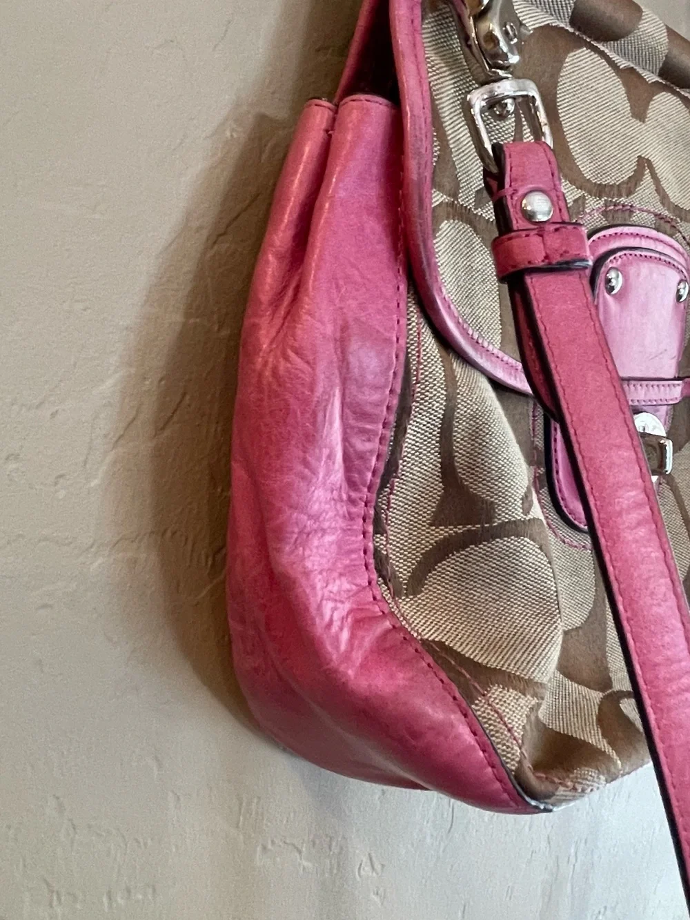 Coach Pink 70th anniversary Signature Canvas leather Crossbody Stripe Lining